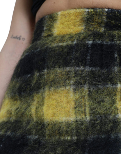 Yellow Black Brushed Checked Wool Pencil Cut Skirt
