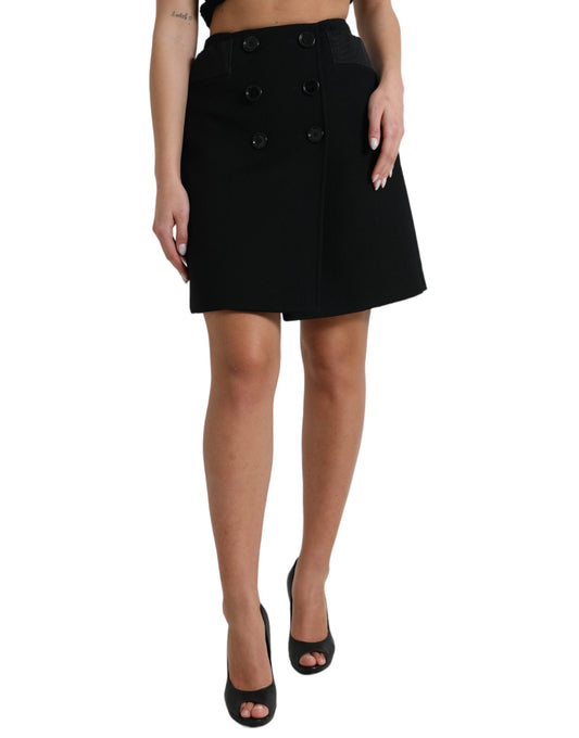 Black Wool Button High Waist Aline Mini Skirt