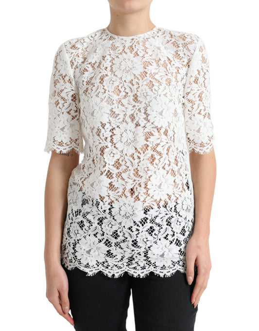 White Floral Lace Cotton Round Neck Blouse Top