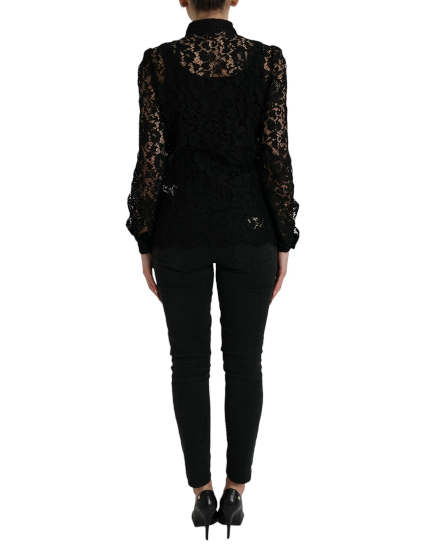 Black Floral Lace Long Sleeves Blouse Top