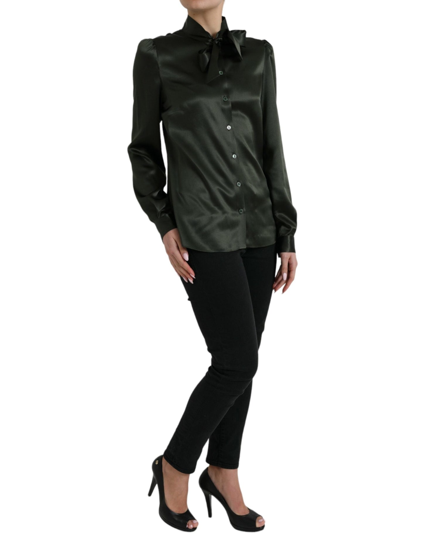 Gray Long Sleeves Ascot Collar Blouse Top