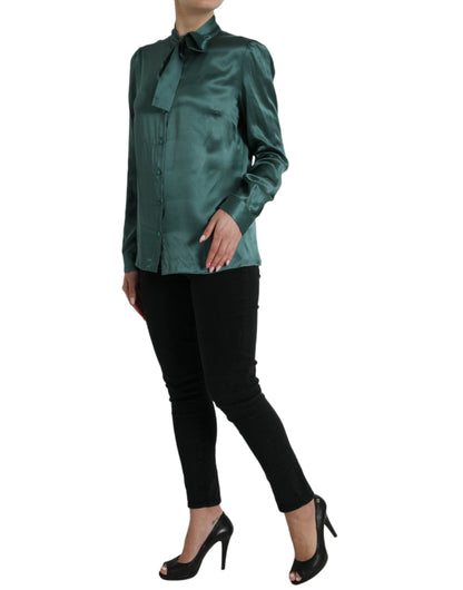 Dark Green Silk Ascot Collar Blouse Top