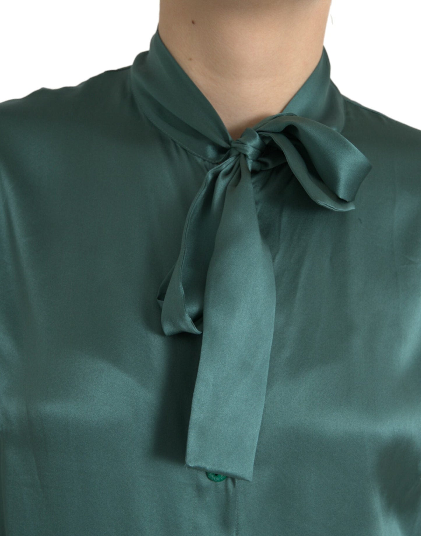 Dark Green Silk Ascot Collar Blouse Top