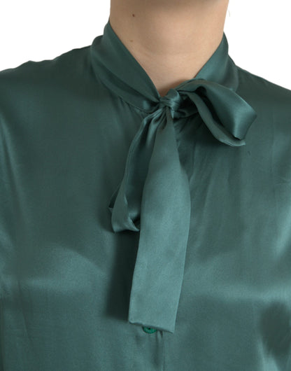Dark Green Silk Ascot Collar Blouse Top