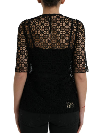 Black Floral Lace Short Sleeves Blouse Top