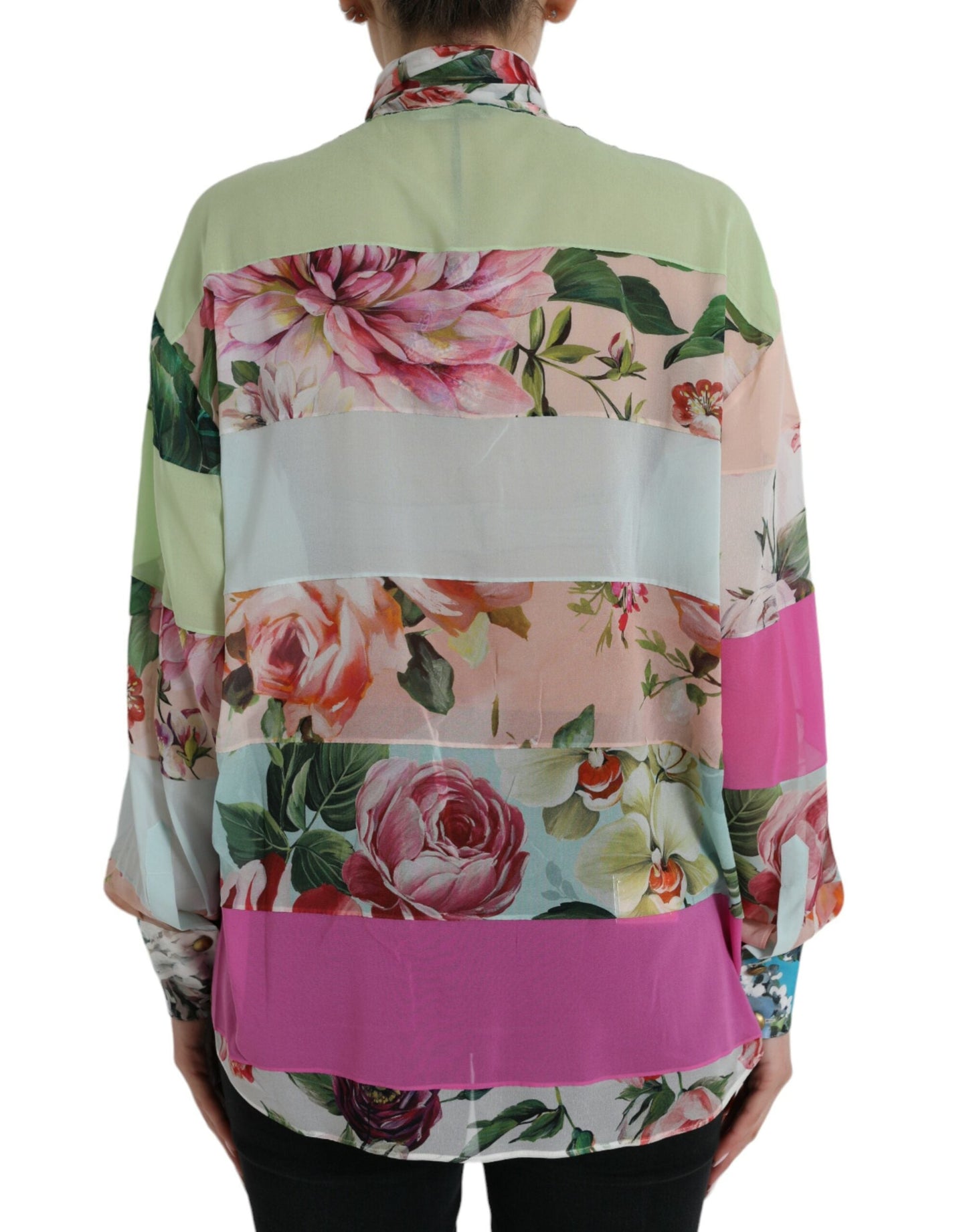 Multicolor Floral Patchwork Ascot Collar Top