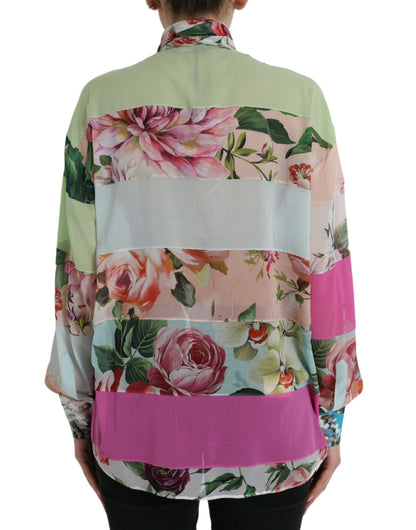Multicolor Floral Patchwork Ascot Collar Top