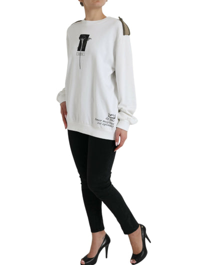 White Floral Cotton Crew Neck Pullover Sweater