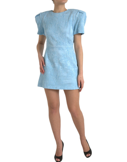 Light Blue Floral Jacquard Puff Sleeve Mini Dress