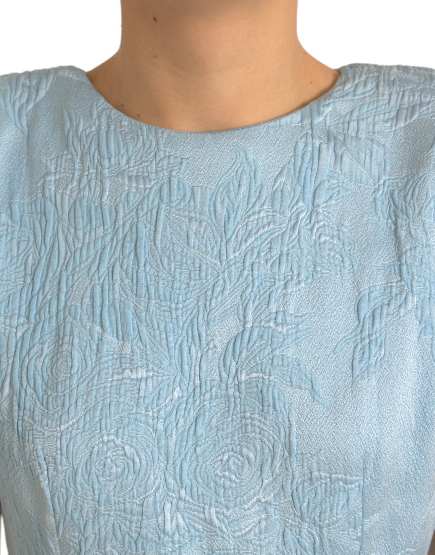 Light Blue Floral Jacquard Puff Sleeve Mini Dress