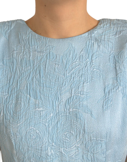 Light Blue Floral Jacquard Puff Sleeve Mini Dress