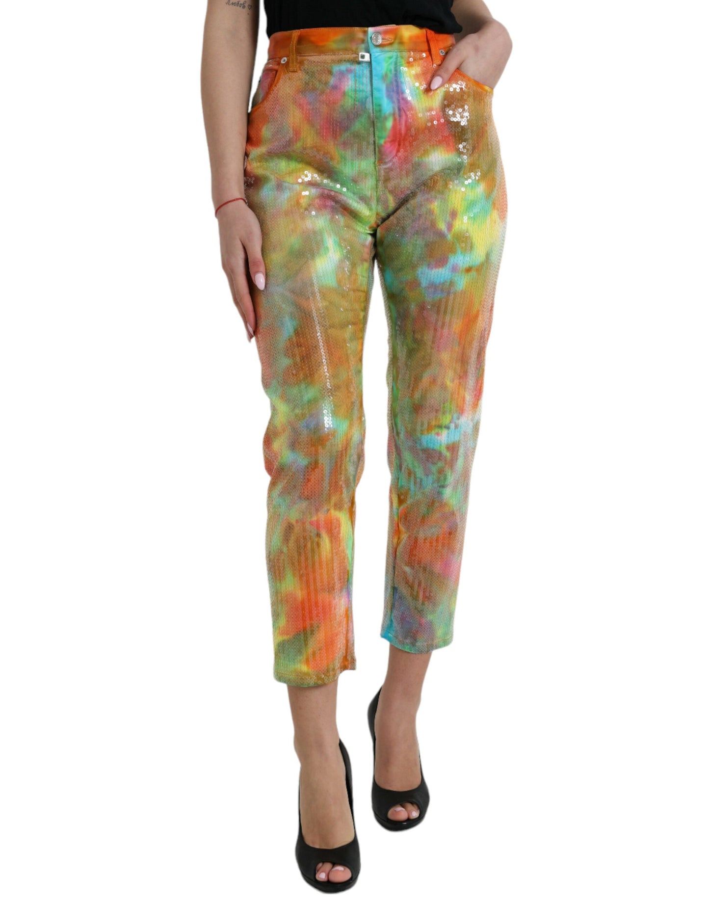 Multicolor Tie Dye Sequined High Waist Cropped Pants