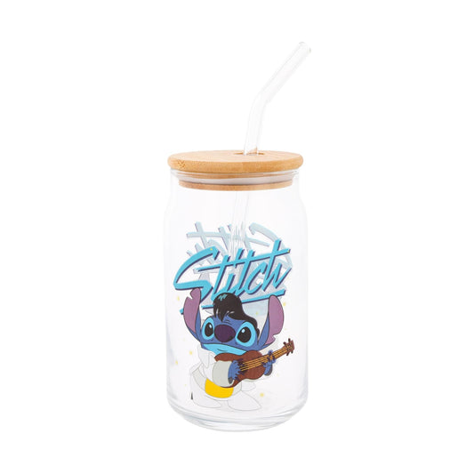 Disney Lilo & Stitch Elvis Stitch 16-Ounce Glass Tumbler With Lid and Straw