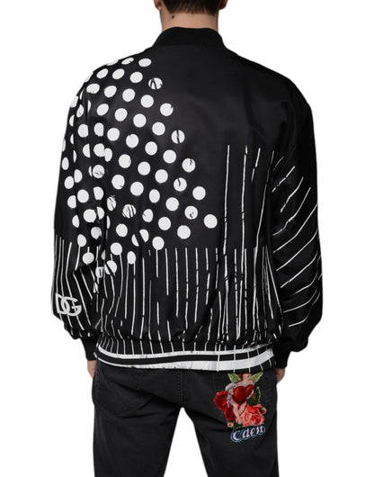Black Polka Dot Stripe Nylon Bomber Jacket