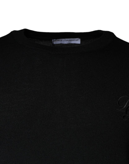Black Wool Knit Crew Neck Pullover Sweater