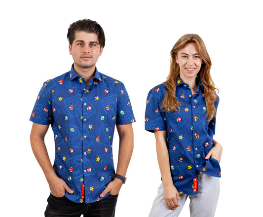 Super Mario Bros. Icons Navy Button-Up Short Sleeve Adult Shirt | X-Small