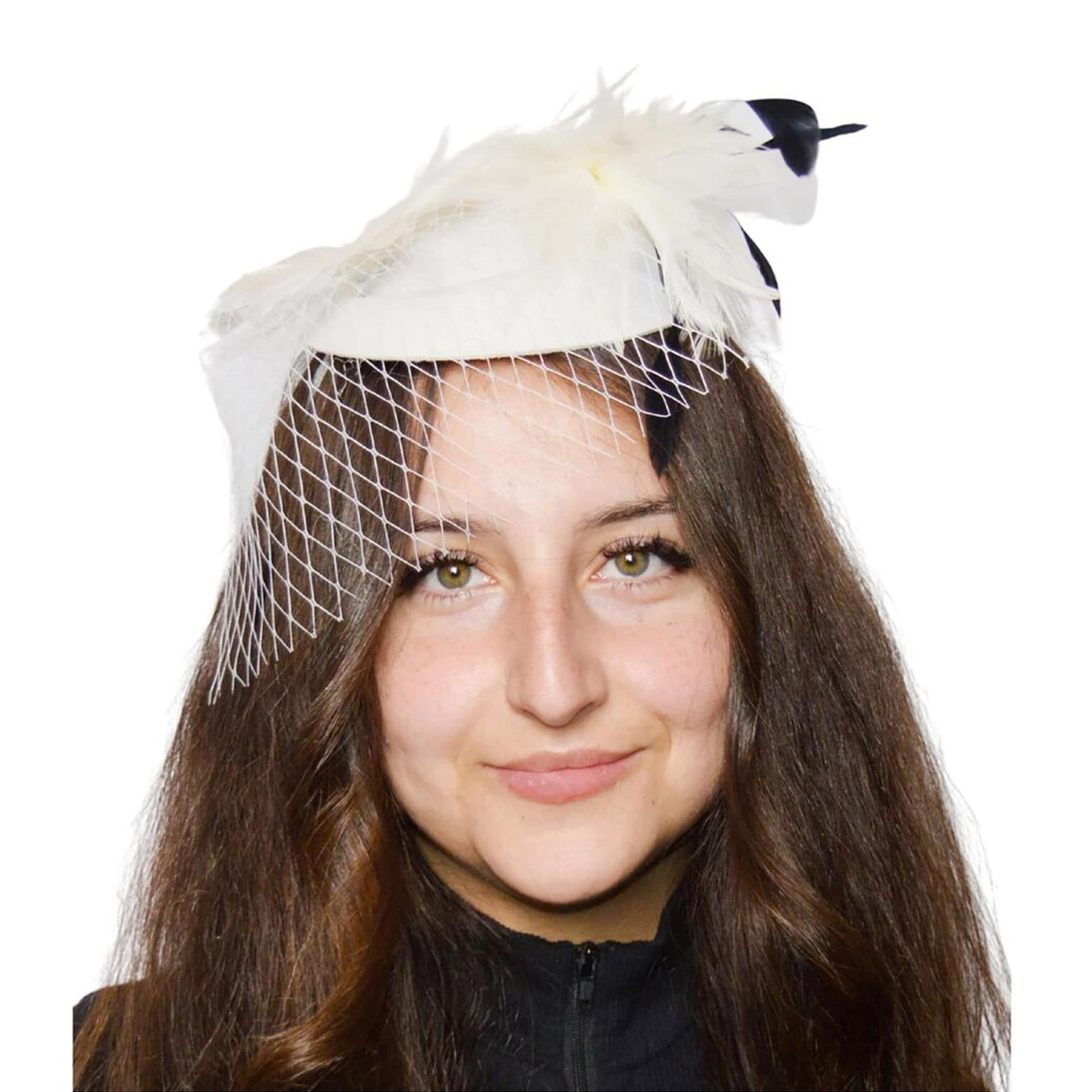 Feathery White Fascinator with Lace Veil Adult Costume Hat