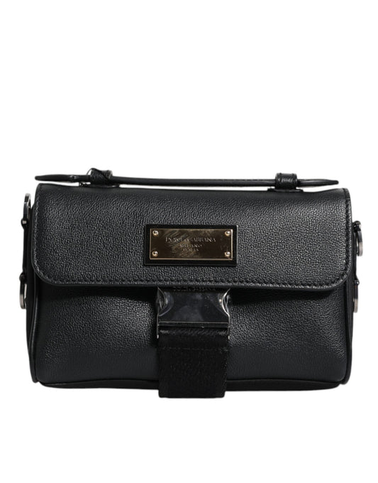 Black Logo Plaque Leather Buckled Shoulder Crossbody Bag