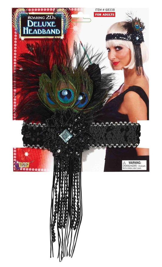 Black Sequin Adult Costume Flapper Headband With Peacock Feather One Size