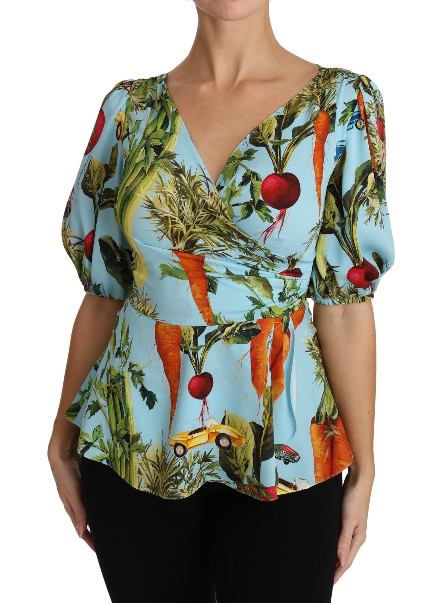 Multicolor Vegetable Print Silk Top Peplum Wrap Blouse