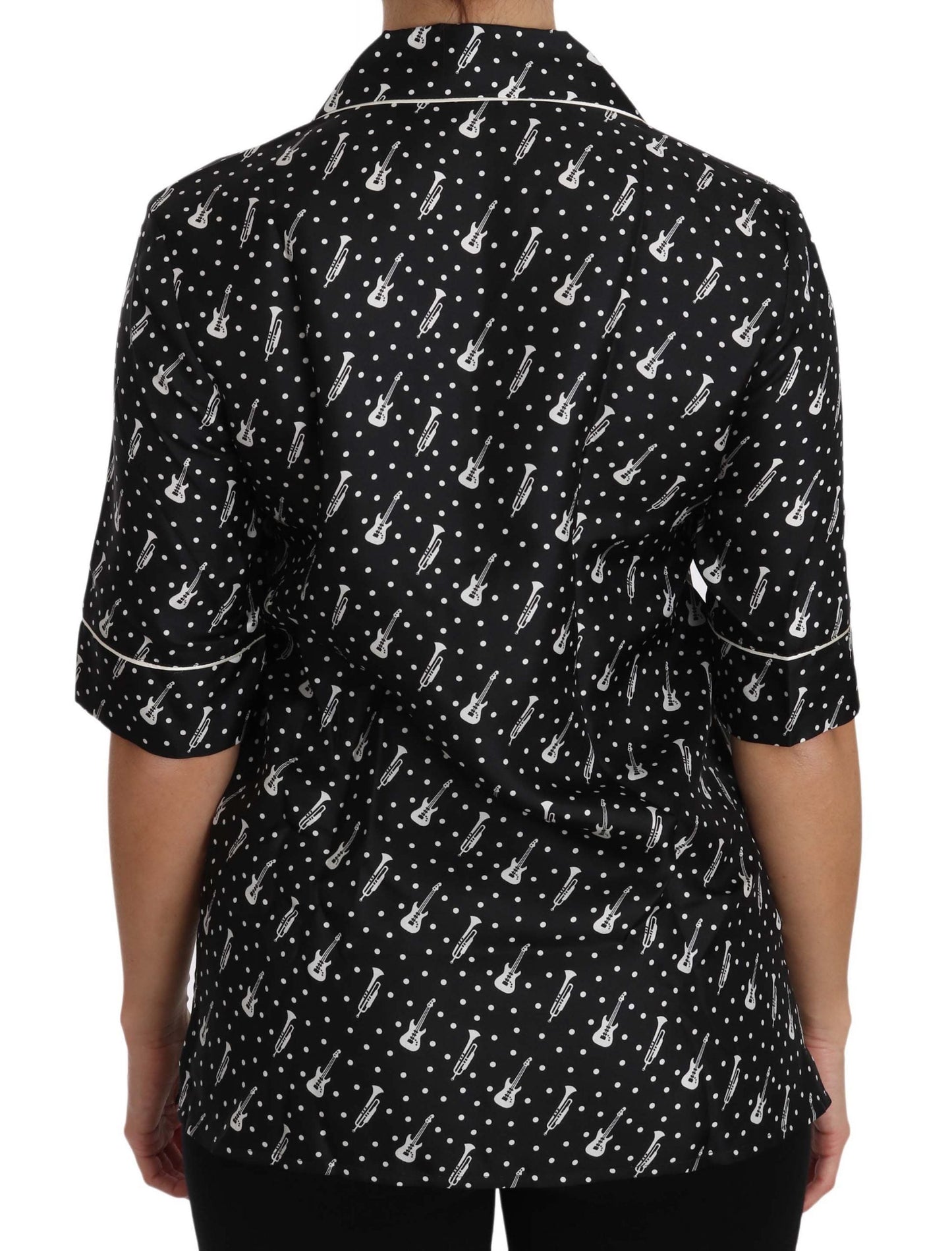 Black GuitarTrumpet Print Silk Shirt Top