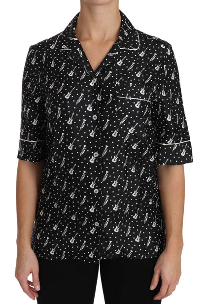 Black GuitarTrumpet Print Silk Shirt Top