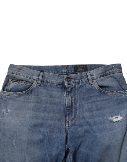 Blue Tattered Cotton Straight Denim Jeans