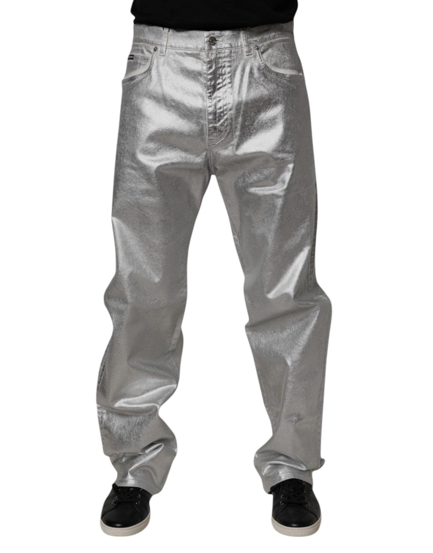 Metallic Silver Cotton Straight Denim Jeans