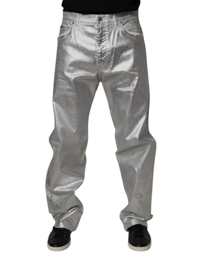 Metallic Silver Cotton Straight Denim Jeans