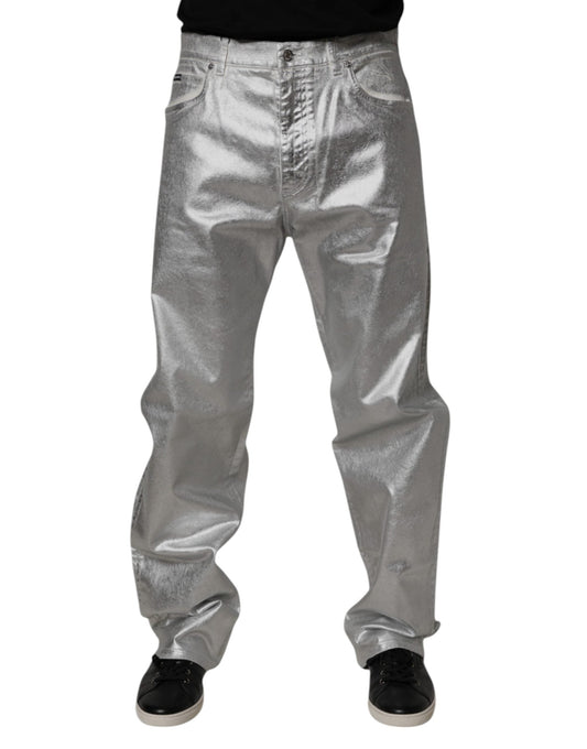 Metallic Silver Cotton Straight Denim Jeans