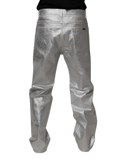 Metallic Silver Cotton Straight Denim Jeans