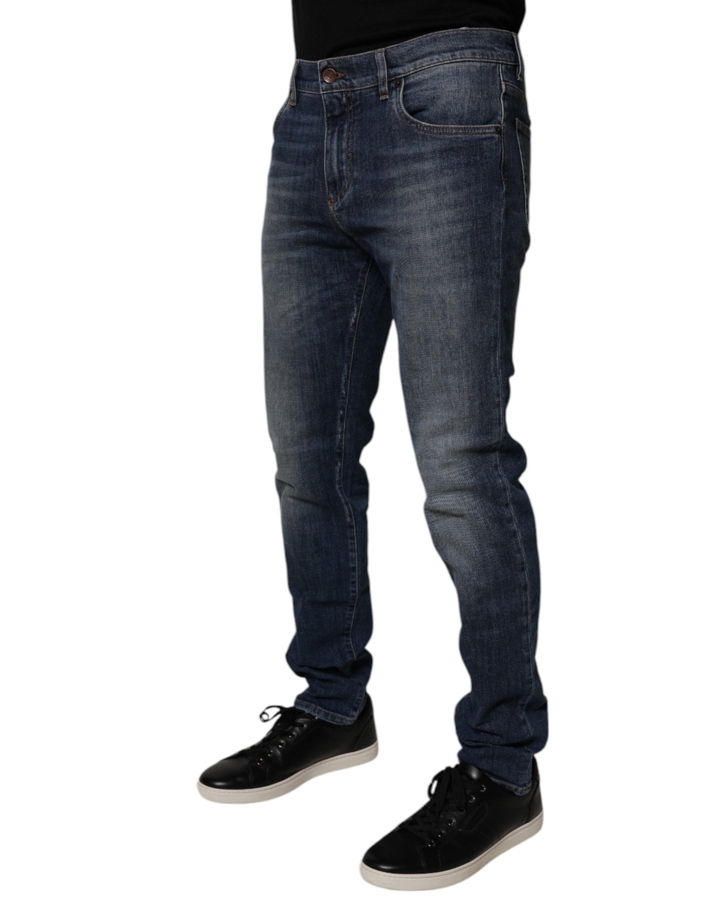 Dark Blue Cotton Leather Skinny Denim Jeans