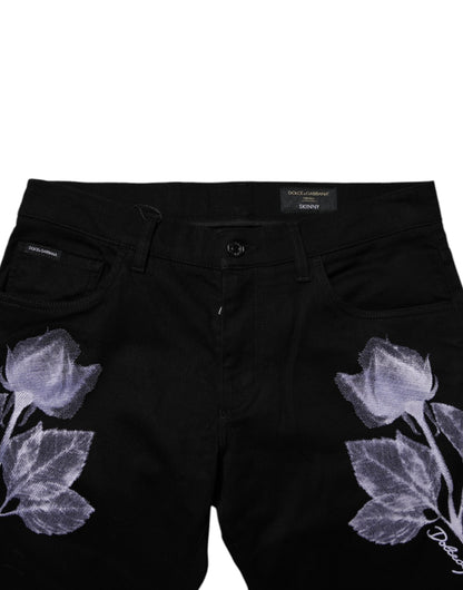 Black Floral Cotton Skinny Men Denim Jeans