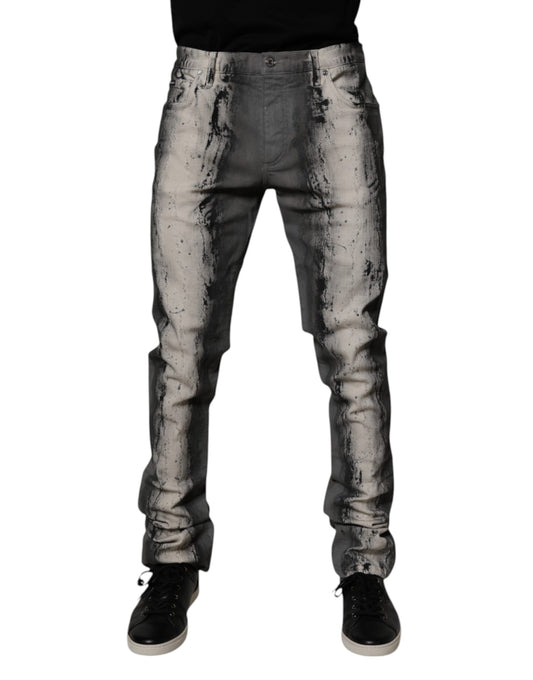 Gray Tie Dye Cotton Skinny Men Denim Jeans