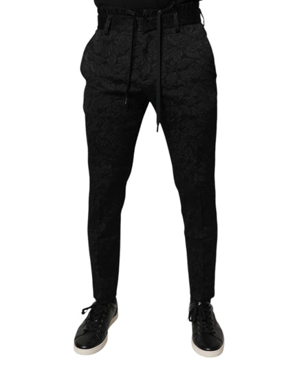 Black Brocade Polyester Skinny Dress Pants