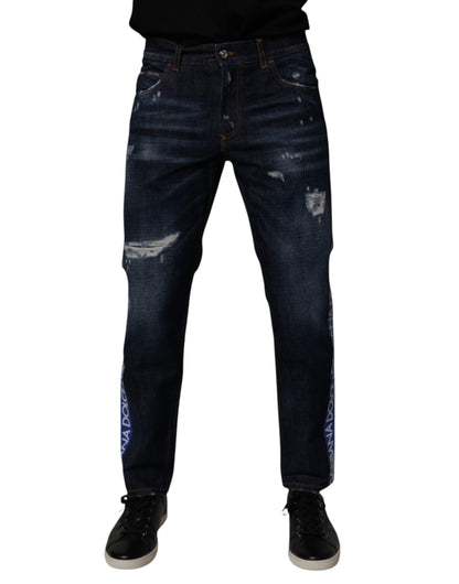 Dark Blue Cotton Tattered Skinny Denim Jeans