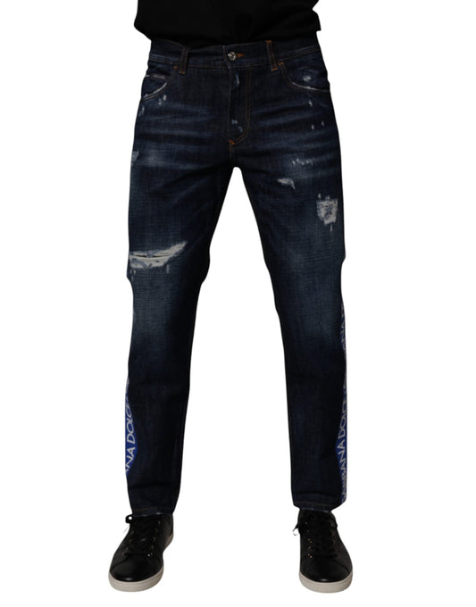 Dark Blue Cotton Tattered Skinny Denim Jeans