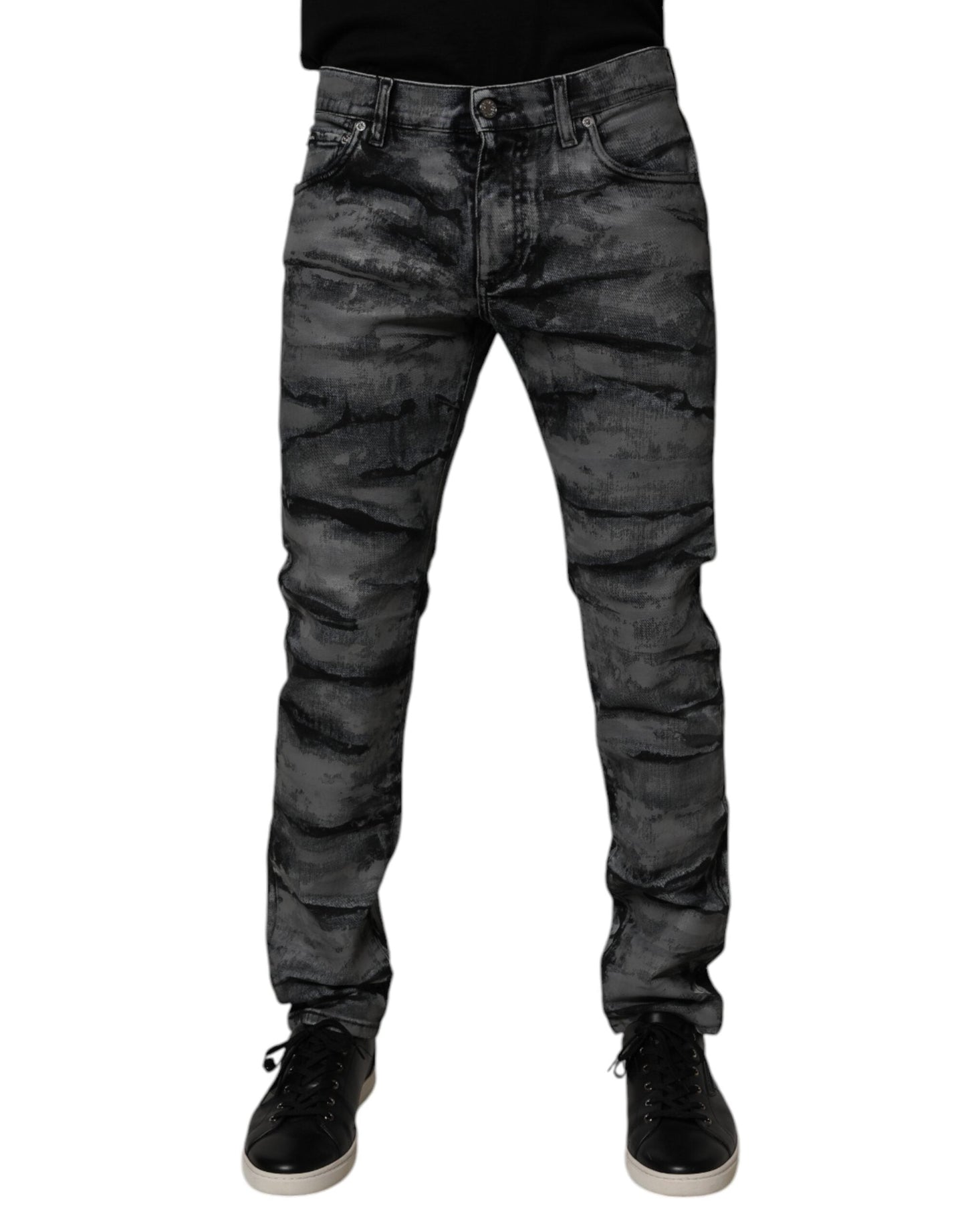 Gray Tie Dye Cotton Skinny Men Denim Jeans