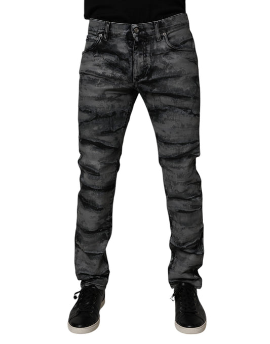 Gray Tie Dye Cotton Skinny Men Denim Jeans