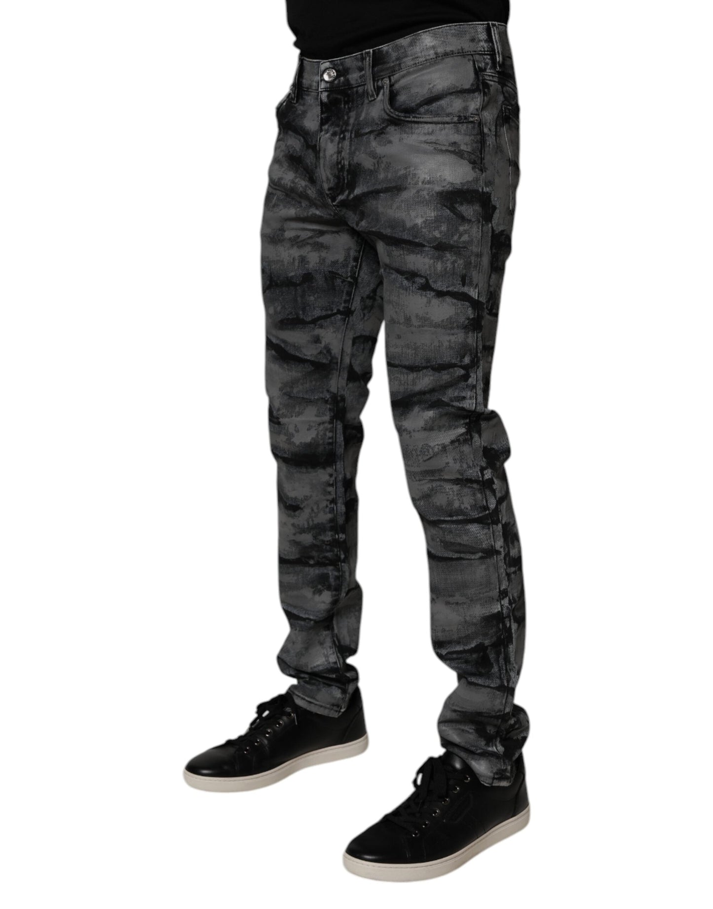 Gray Tie Dye Cotton Skinny Men Denim Jeans