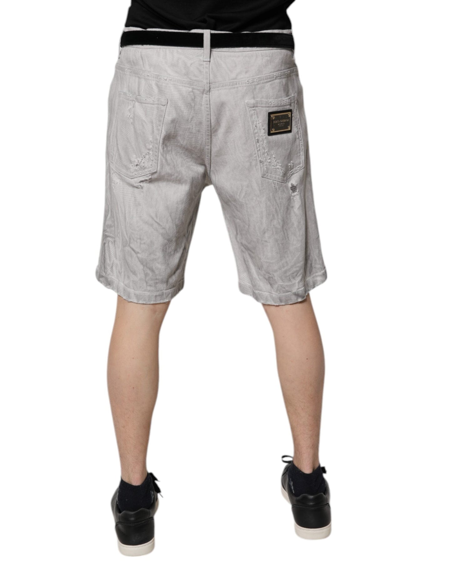 Light Gray Tattered Men Denim Bermuda Shorts