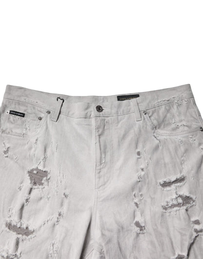 Light Gray Tattered Men Denim Bermuda Shorts