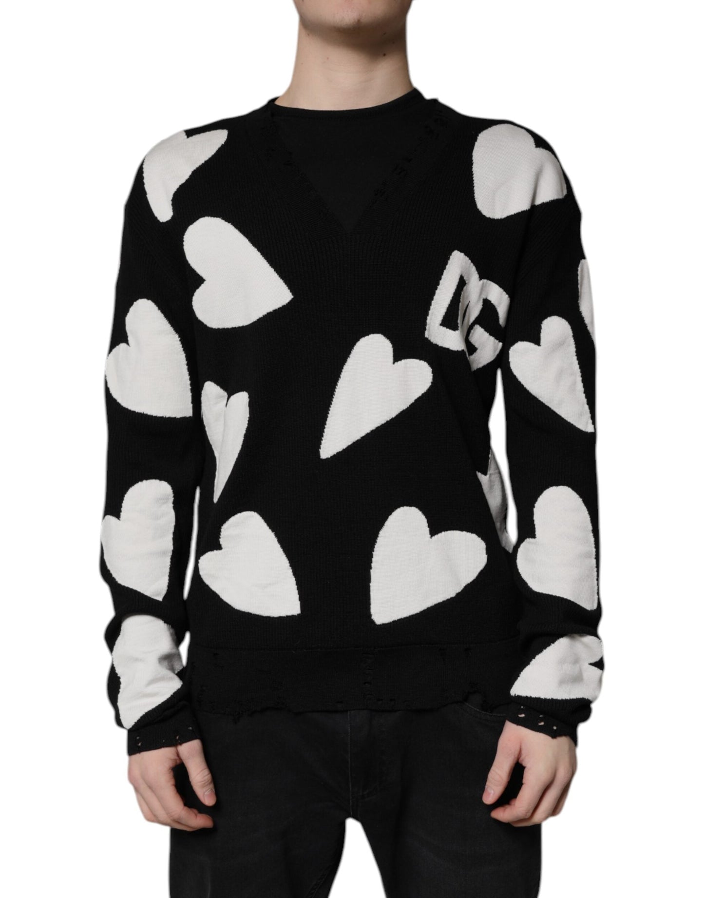 Black Hearts Silk Crew Neck Pullover Sweater