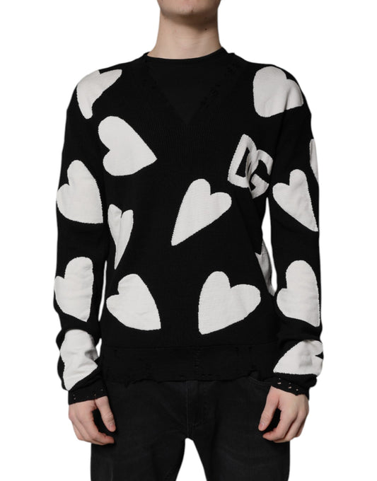 Black Hearts Silk Crew Neck Pullover Sweater