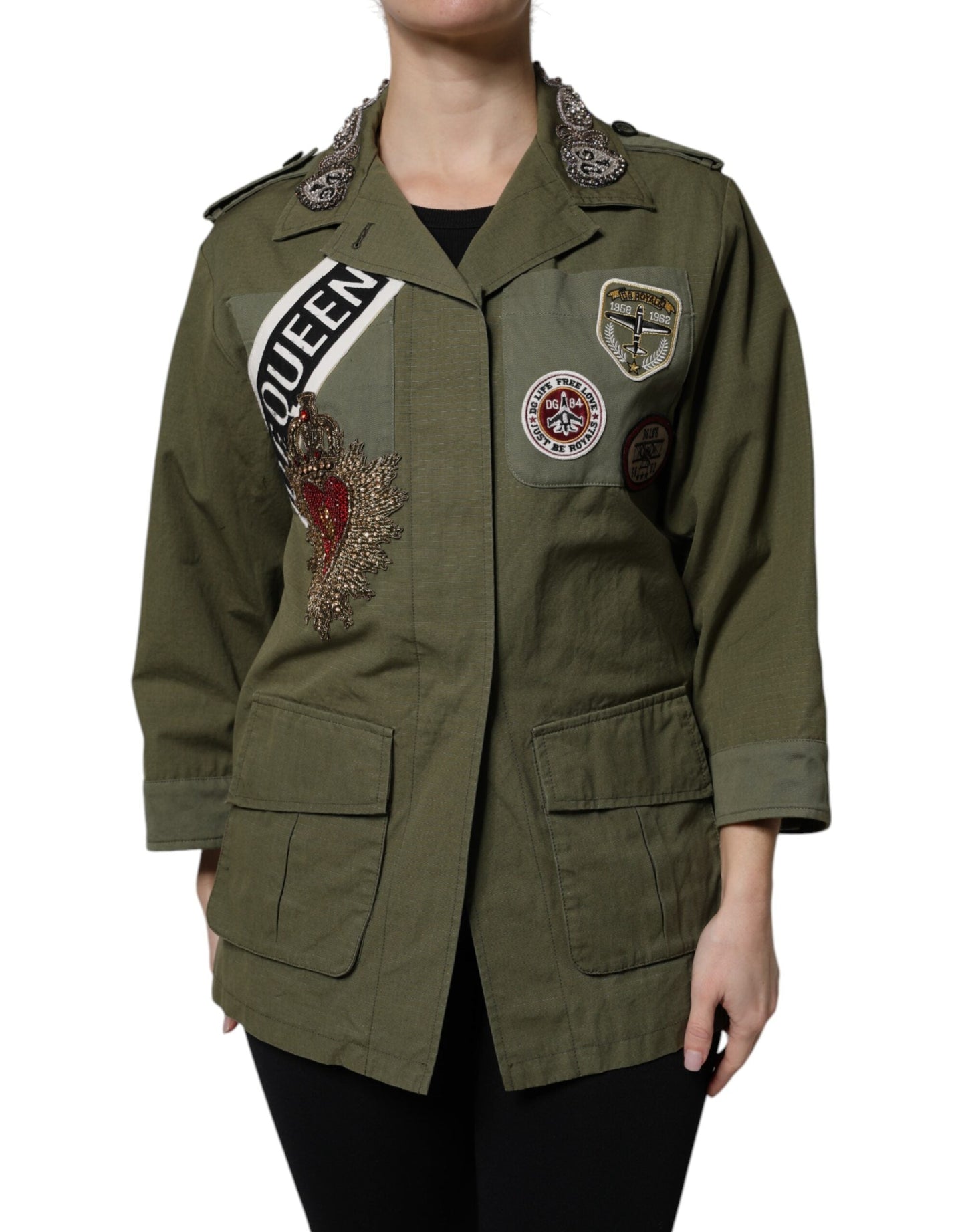 Military Green Queen Embellished Coat Jacket