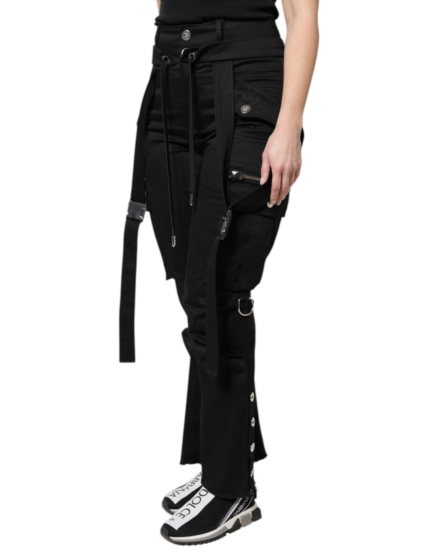 Black Cotton High Waist Cargo Pants
