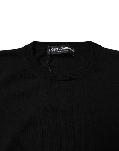 Black Wool Knit Crew Neck Pullover Sweater