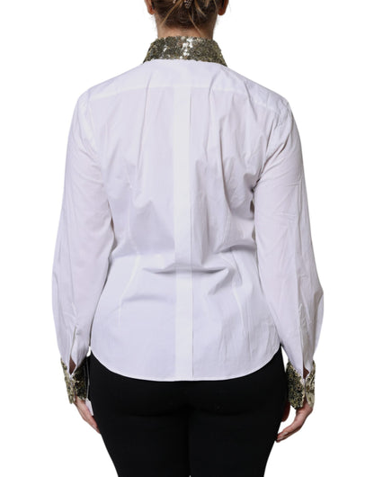 White Cotton Long Sleeves Sequin Shirt Top