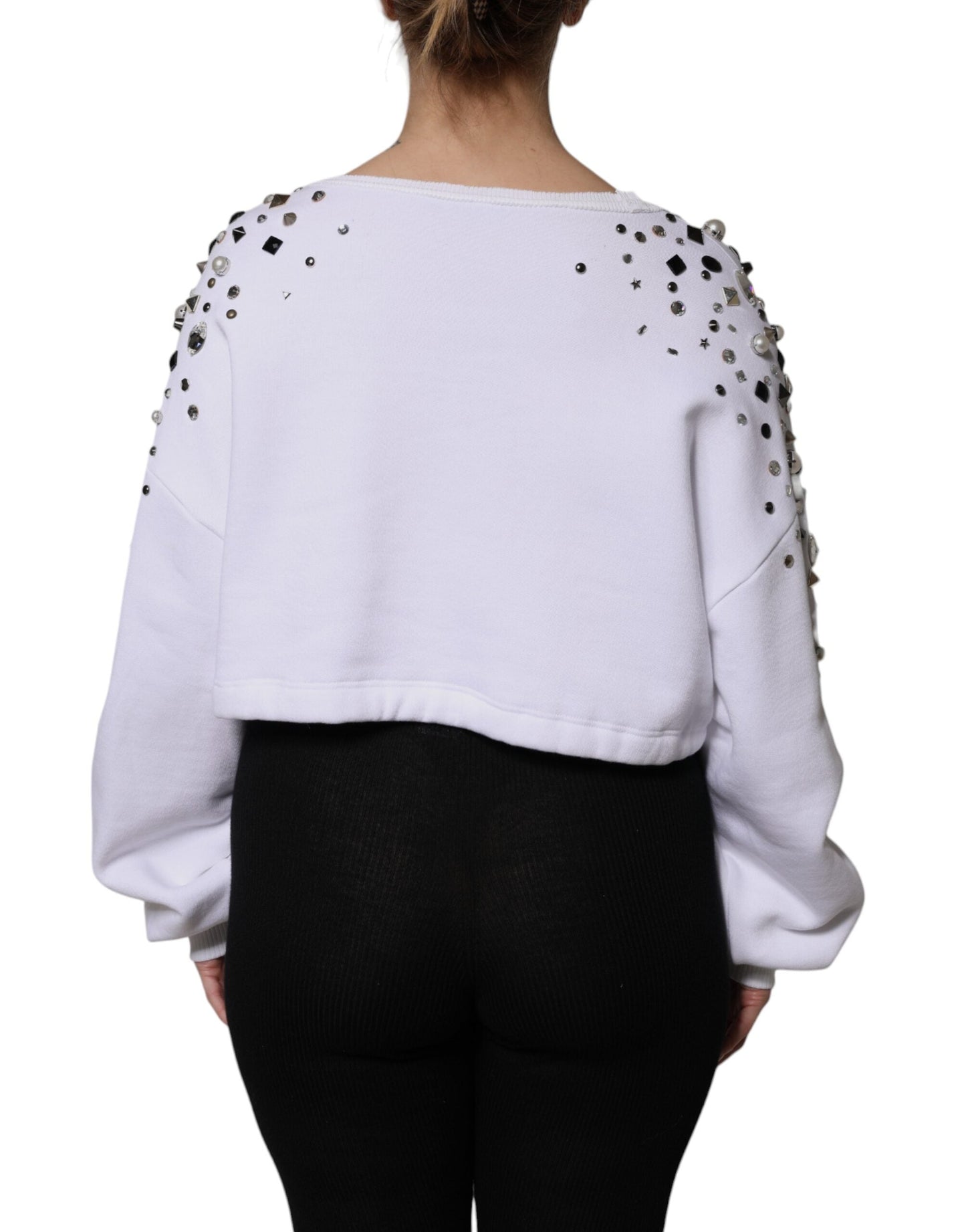 White Embellished Long Sleeve Cropped Sweater