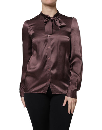 Brown Ascot Collar Long Sleeve Blouse Top